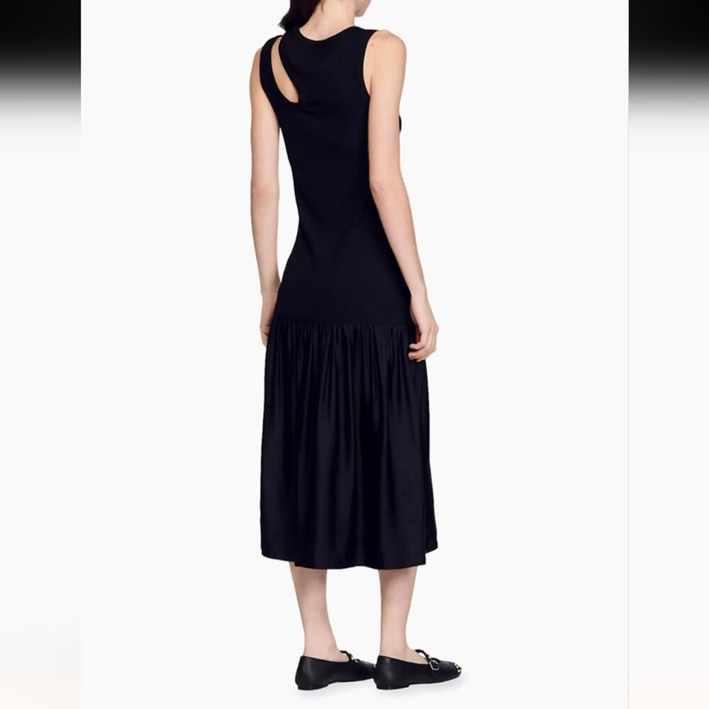 RTR sz 38 US 6 Sandro Dual-Material Midi Dress black silky sweater cut out - Picture 2 of 8